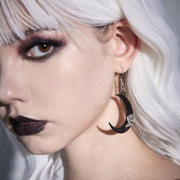 Any 3/$25! Black Crescent Moon w/Antiqued Rose Drop Earrings - Picture 7 of 9